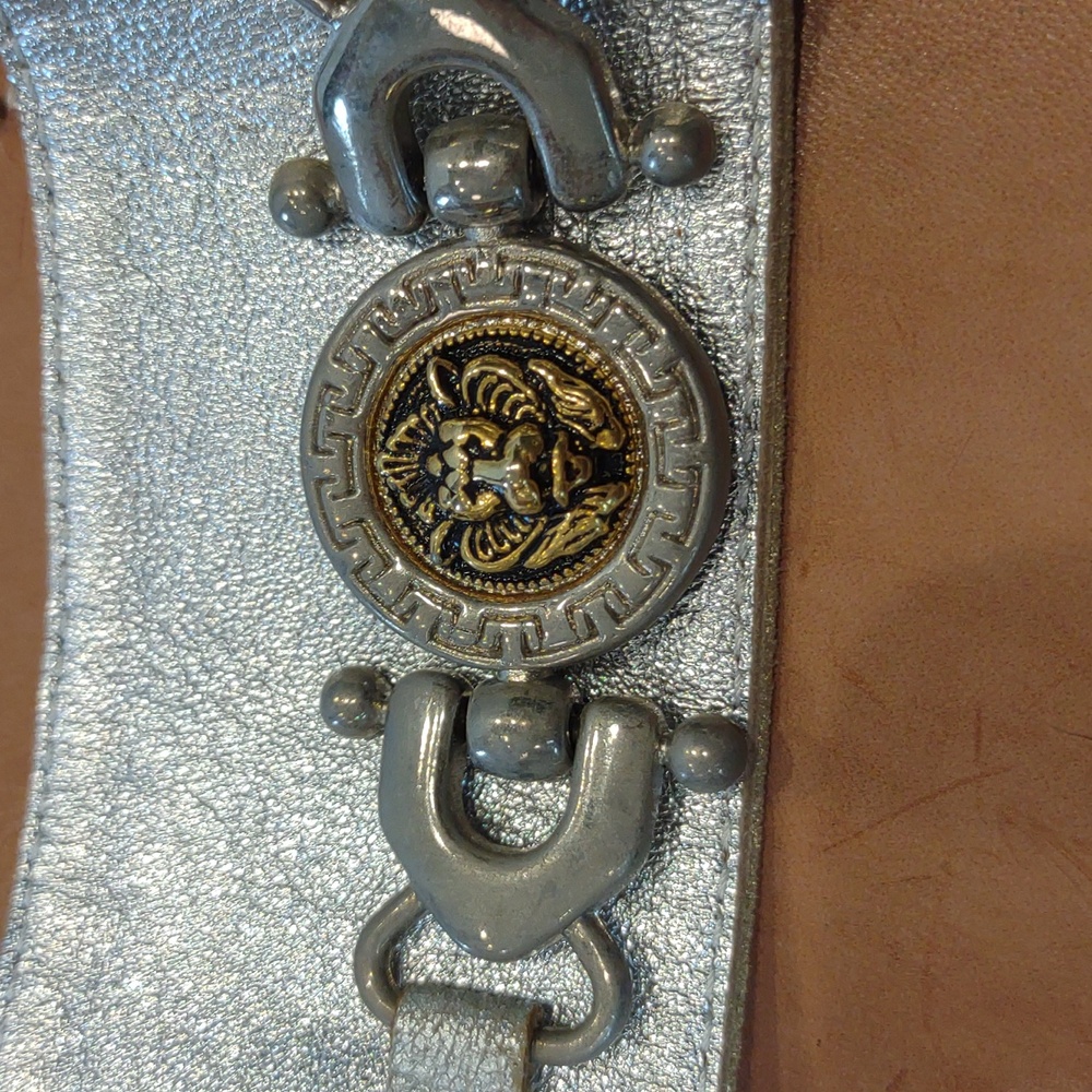 Italian Handmade Positano Moda All Leather Slides Lion Medallion Silvery Vamp - Picture 4 of 10